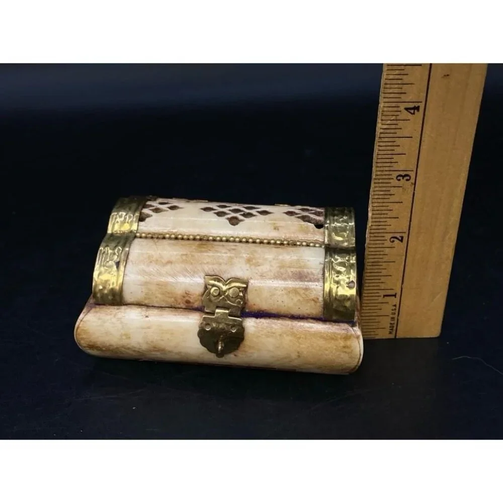 Camel Bone Treasure Chest Jewelry Trinket Box Brass Velvet Lined 3”x2